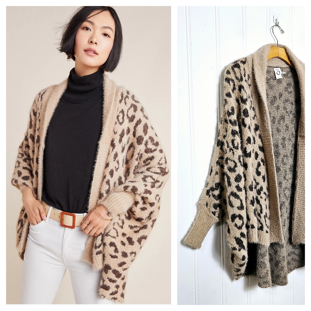 Anthropologie Akemi + Kin Cardigan OS Louise Leopard Wrap Dolman Fuzzy Tan Brown